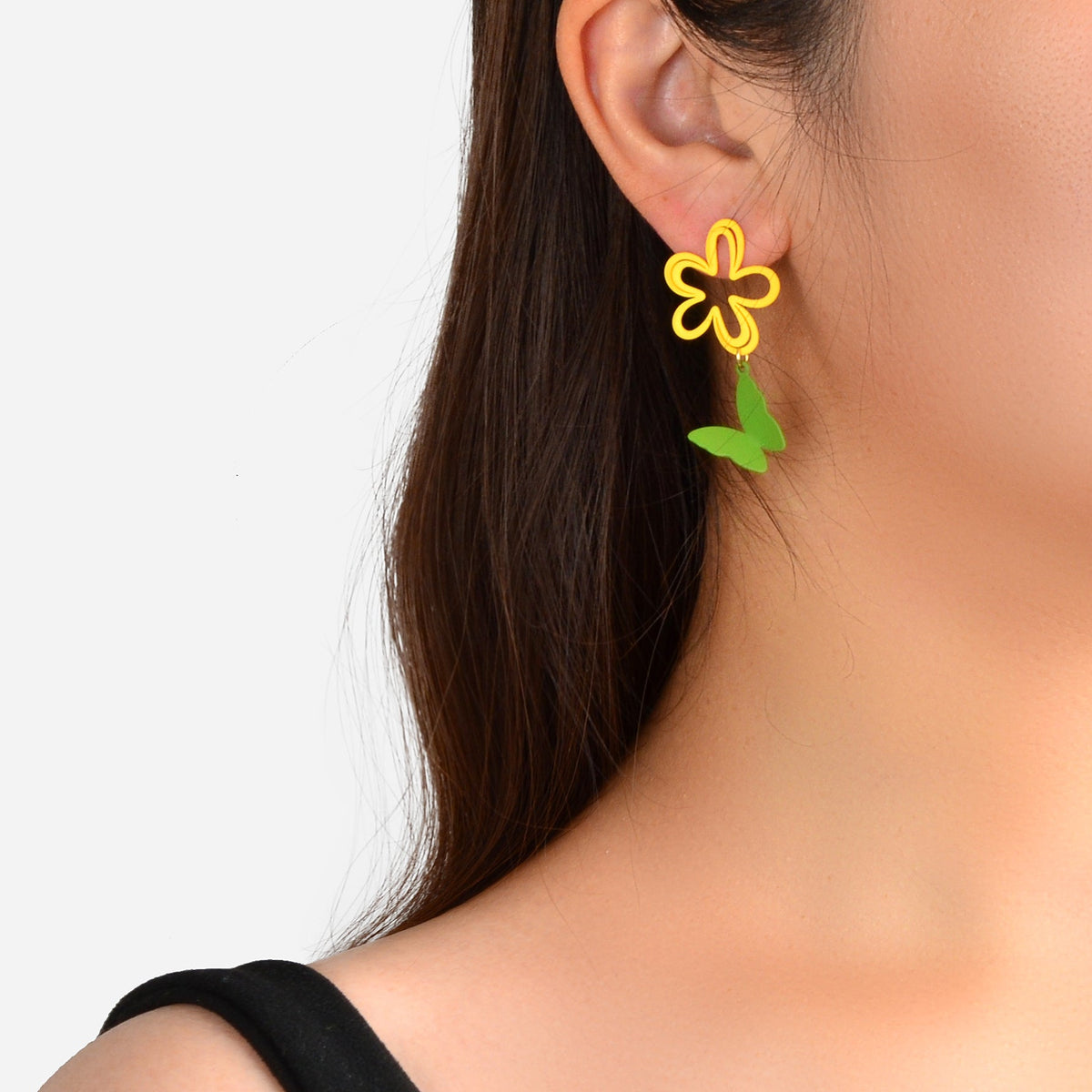 Yellow Flower Green Butterfly Pierced Hypoallergenic Stud Earring Lovely Jewelry-0