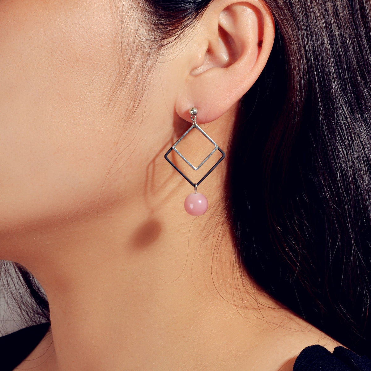 Asymmetric Jewellery Silver Black Square White Pink Beads Dangle Earrings Women-0