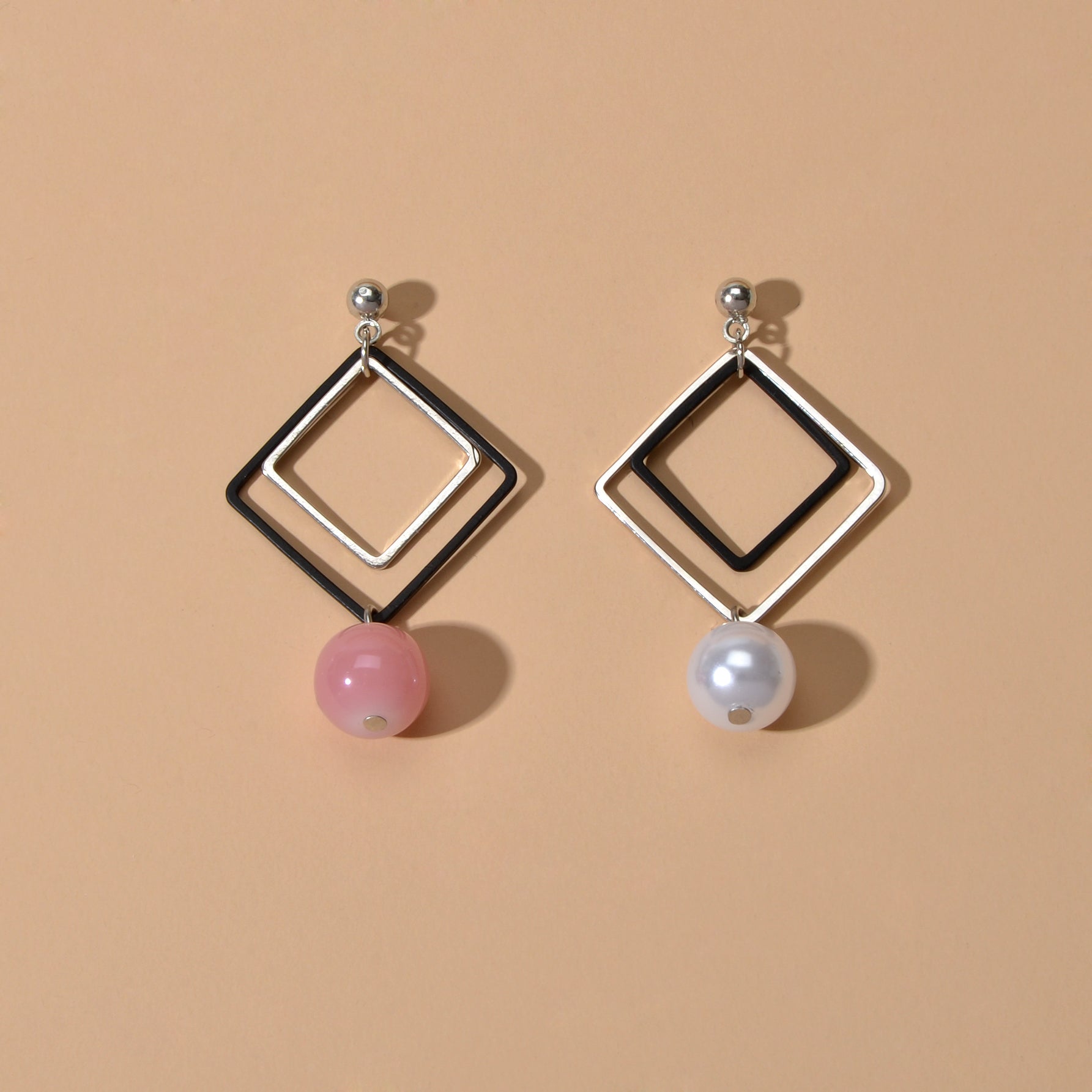 Asymmetric Jewellery Silver Black Square White Pink Beads Dangle Earrings Women-1
