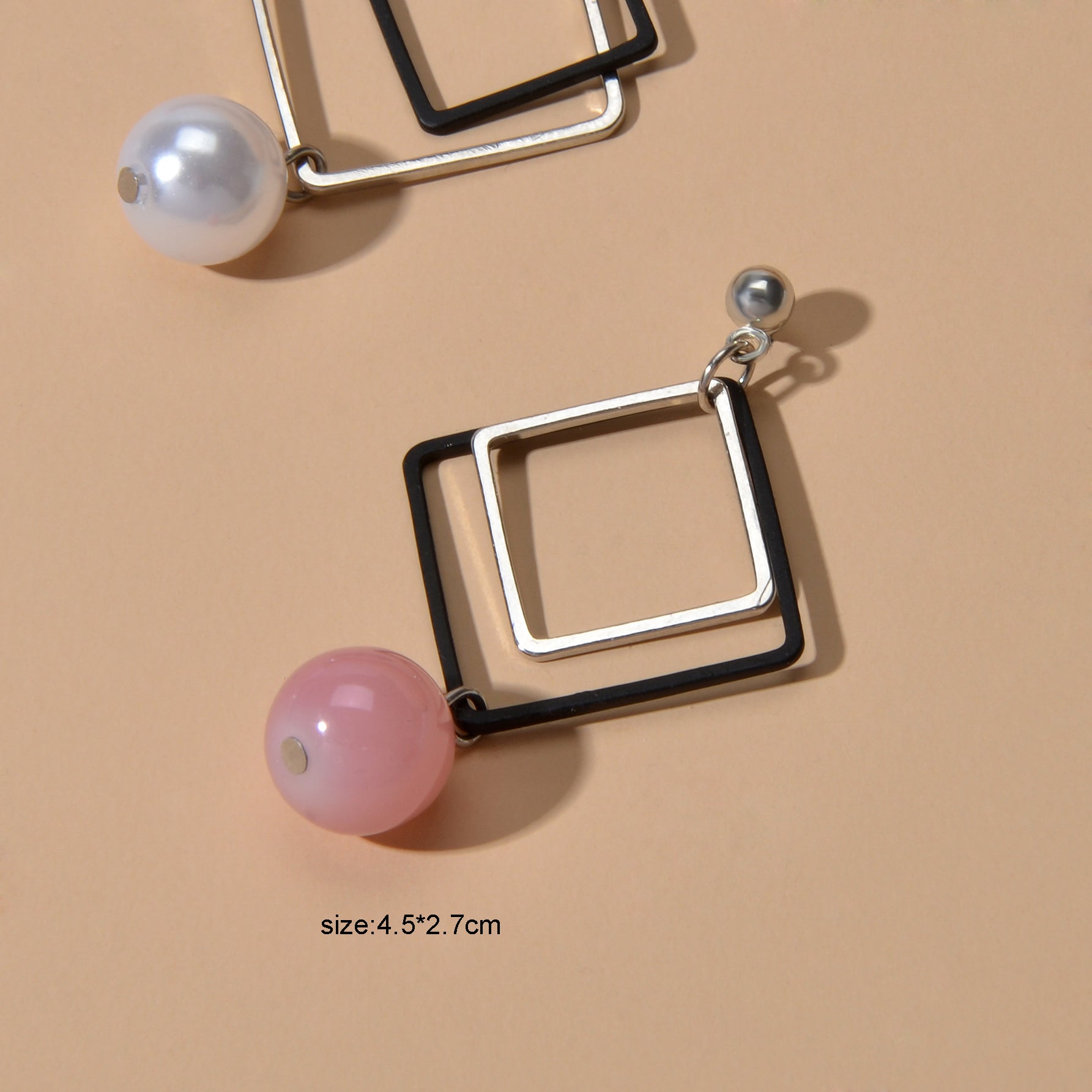 Asymmetric Jewellery Silver Black Square White Pink Beads Dangle Earrings Women-2