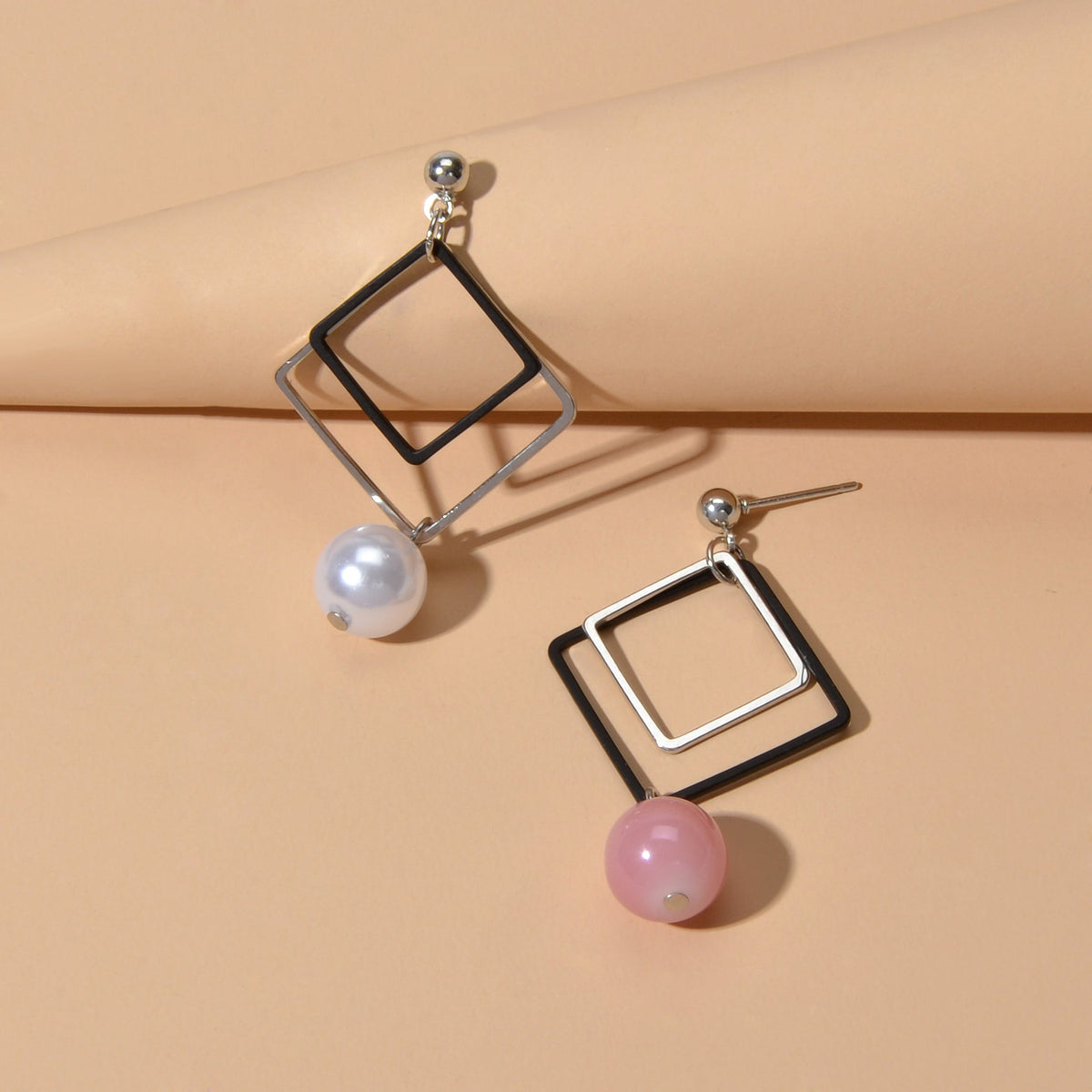 Asymmetric Jewellery Silver Black Square White Pink Beads Dangle Earrings Women-4
