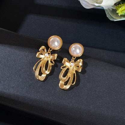 Imitation Pearl Decor Golden Bow Dangle Earrings Party Daily Festival Jewelry Gift-1