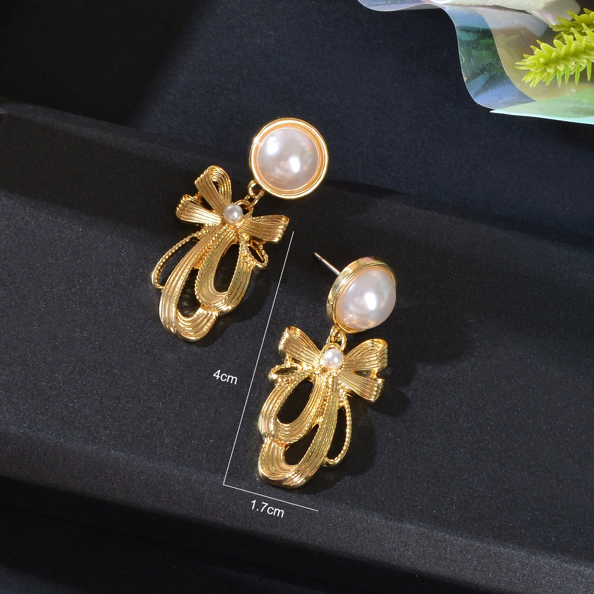 Imitation Pearl Decor Golden Bow Dangle Earrings Party Daily Festival Jewelry Gift-3
