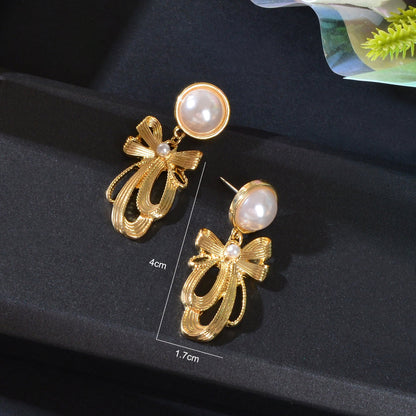 Imitation Pearl Decor Golden Bow Dangle Earrings Party Daily Festival Jewelry Gift-3