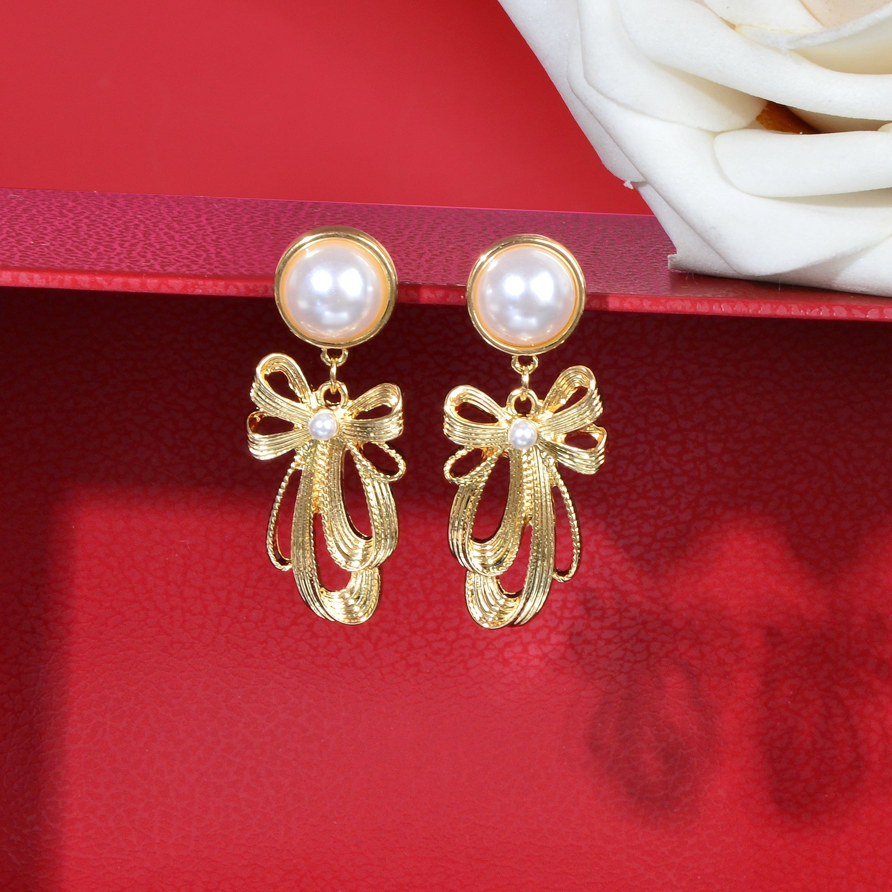 Imitation Pearl Decor Golden Bow Dangle Earrings Party Daily Festival Jewelry Gift-4
