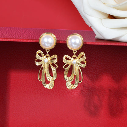 Imitation Pearl Decor Golden Bow Dangle Earrings Party Daily Festival Jewelry Gift-4
