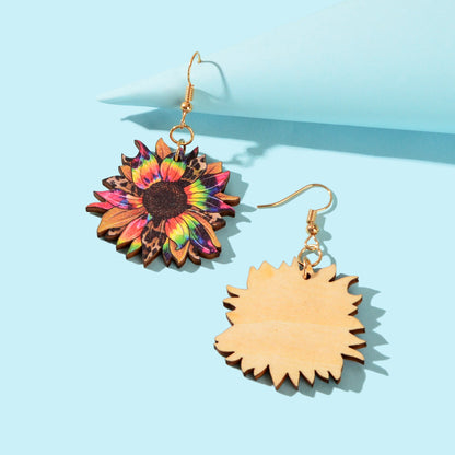 Bohemian Colorful Sunflower Pattern Wood Dangle Earrings Holiday Jewellery-1