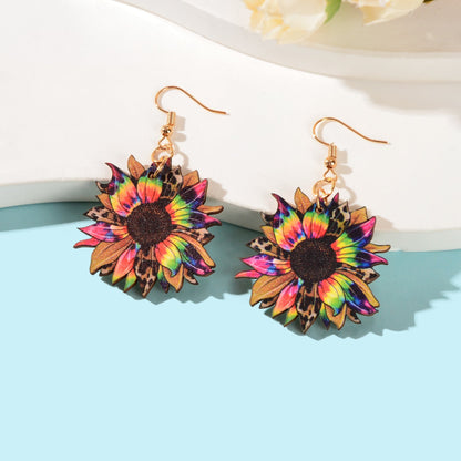 Bohemian Colorful Sunflower Pattern Wood Dangle Earrings Holiday Jewellery-3