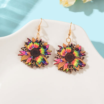 Bohemian Colorful Sunflower Pattern Wood Dangle Earrings Holiday Jewellery-0