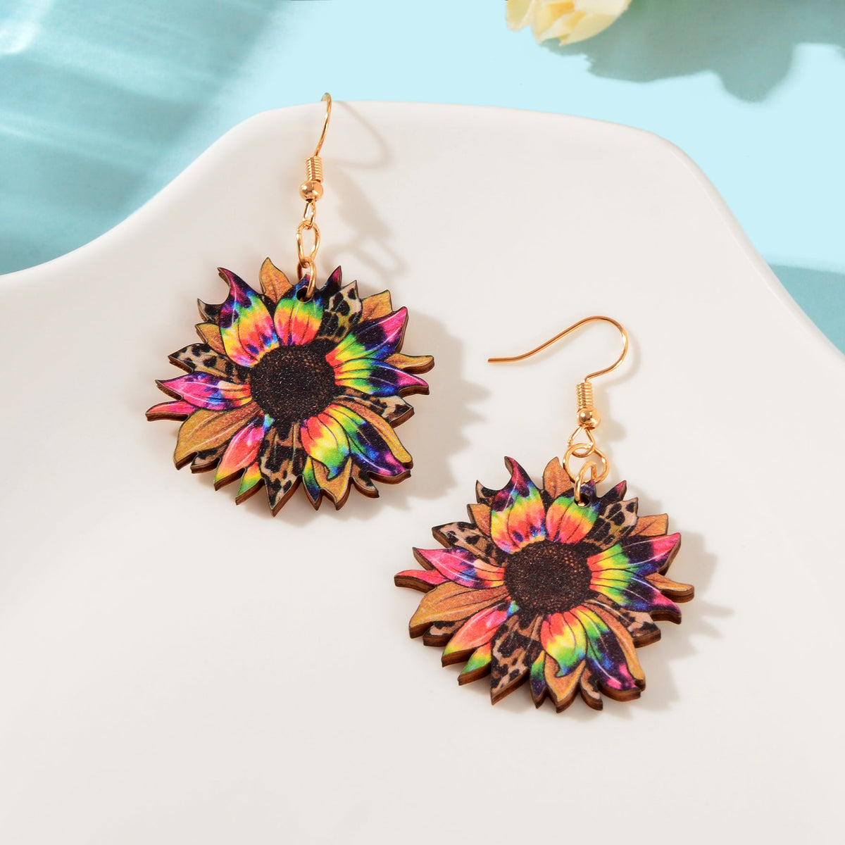 Bohemian Colorful Sunflower Pattern Wood Dangle Earrings Holiday Jewellery-4