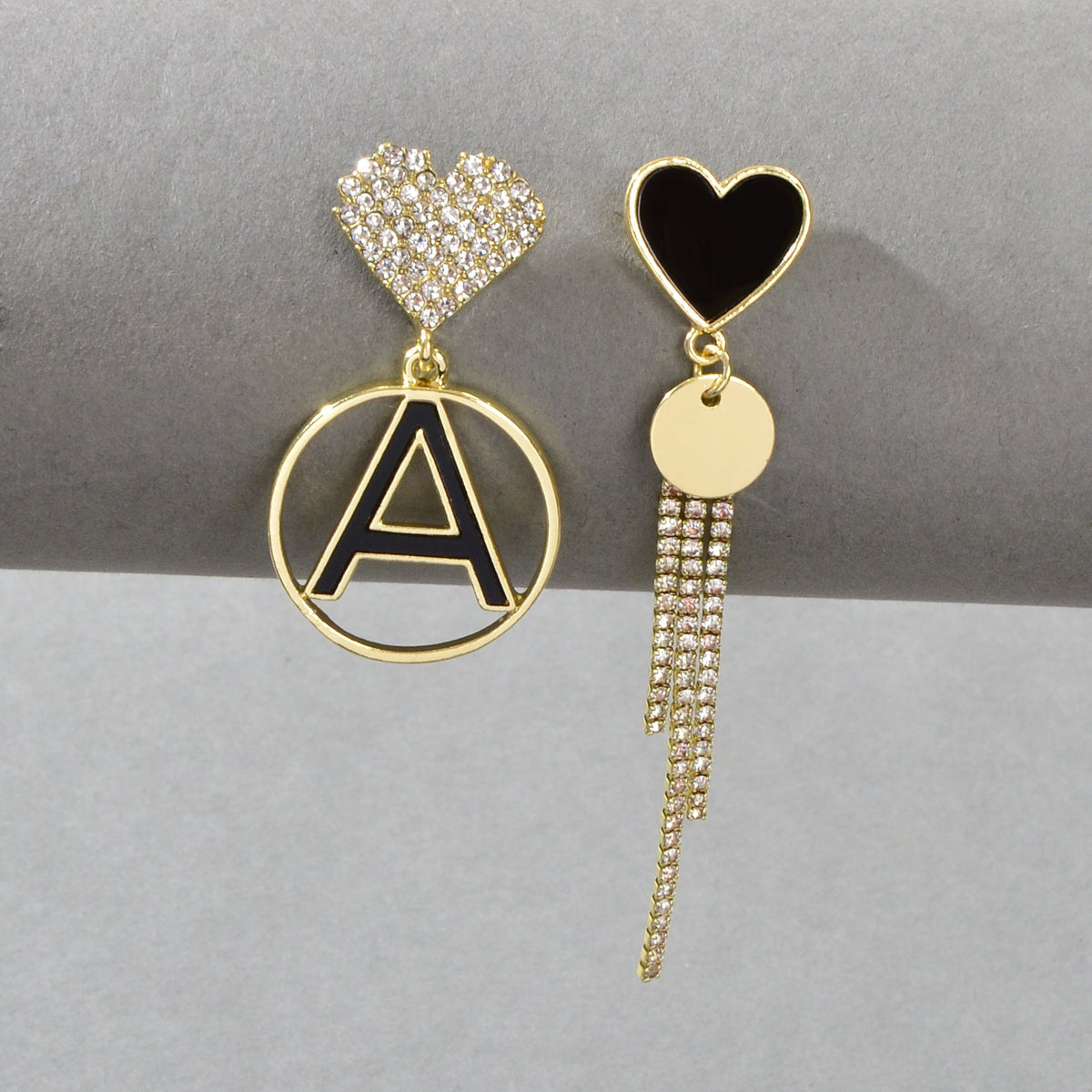 Asymmetrical Design Rhinestone Tassel Heart Circle Letter A Disc Charm Earrings-0