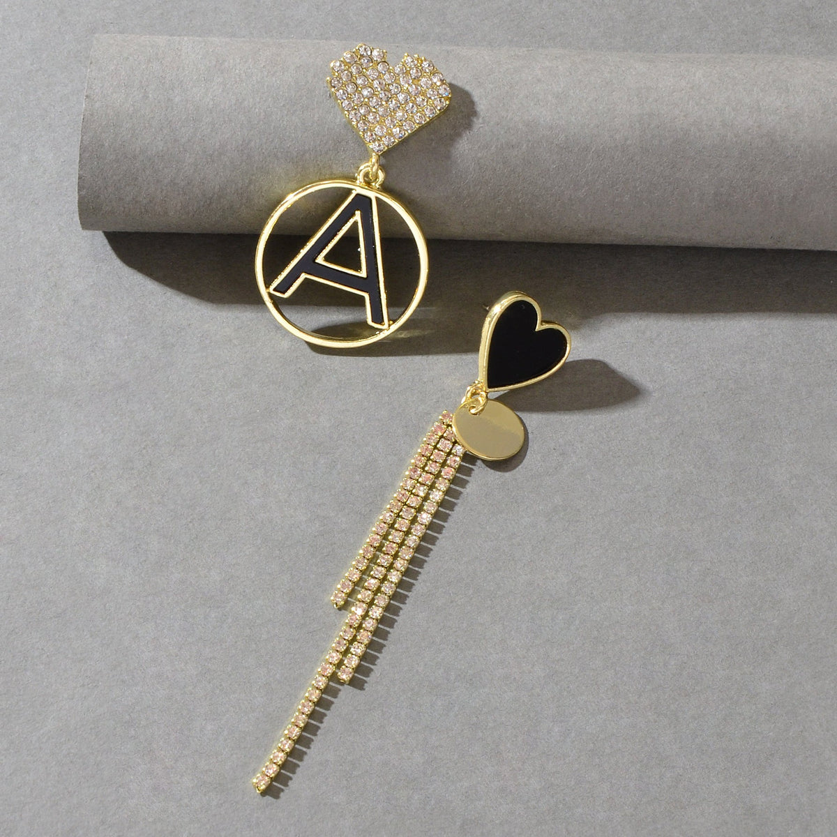 Asymmetrical Design Rhinestone Tassel Heart Circle Letter A Disc Charm Earrings-3