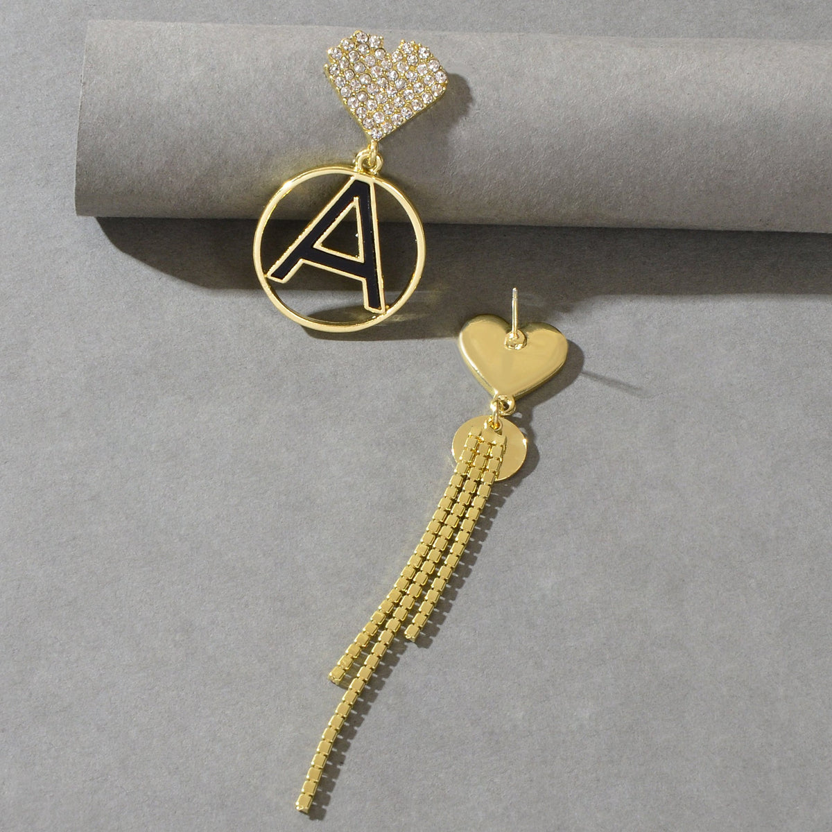 Asymmetrical Design Rhinestone Tassel Heart Circle Letter A Disc Charm Earrings-4