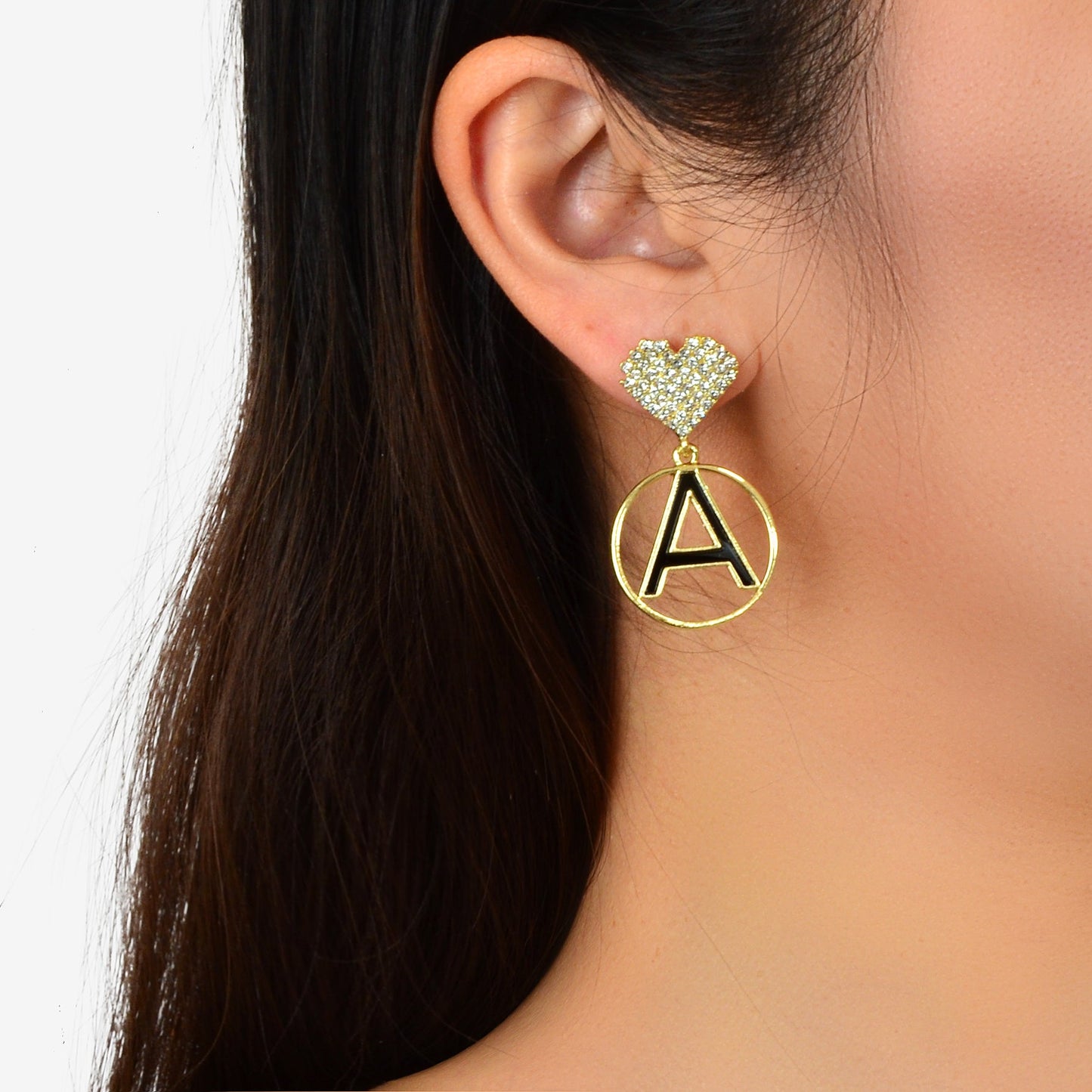 Asymmetrical Design Rhinestone Tassel Heart Circle Letter A Disc Charm Earrings-2