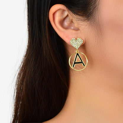 Asymmetrical Design Rhinestone Tassel Heart Circle Letter A Disc Charm Earrings-2