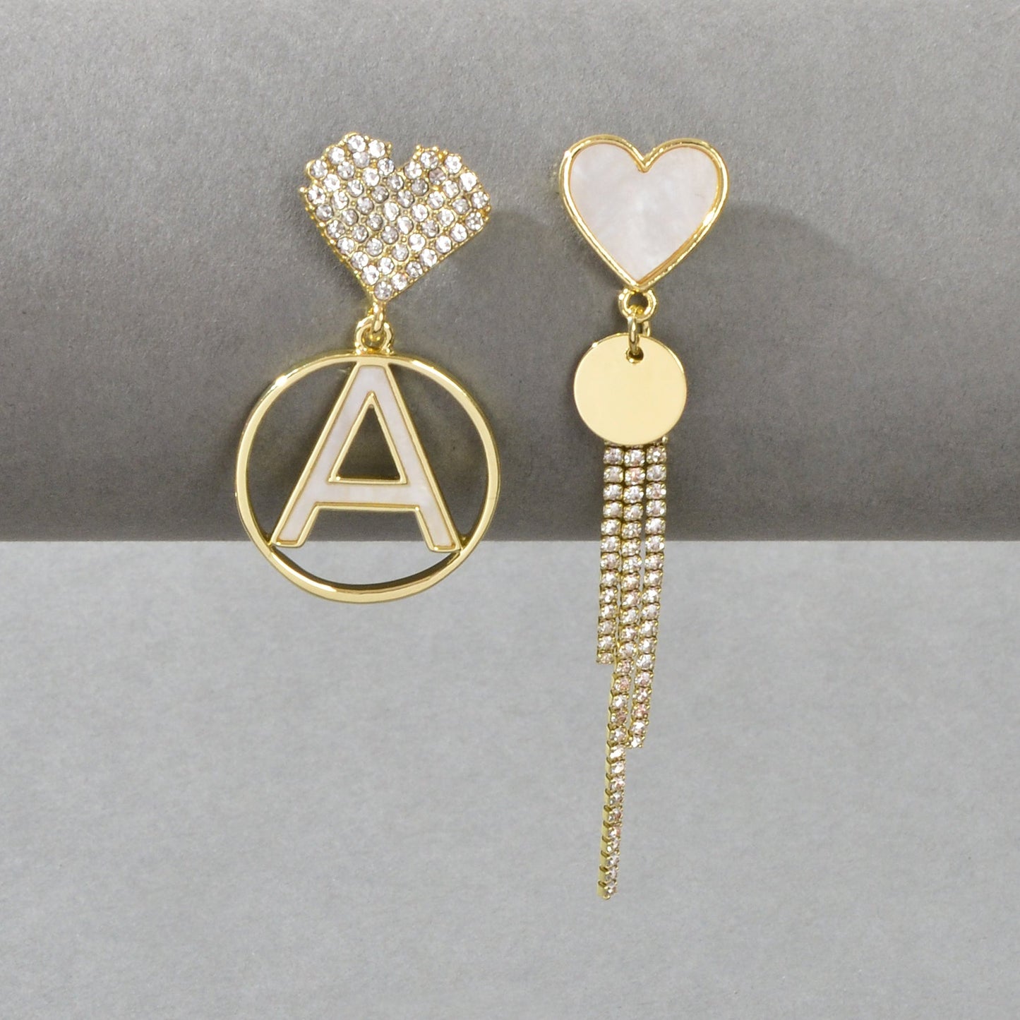 Asymmetrical Design Rhinestone Tassel Heart Circle Letter A Disc Charm Earrings-1