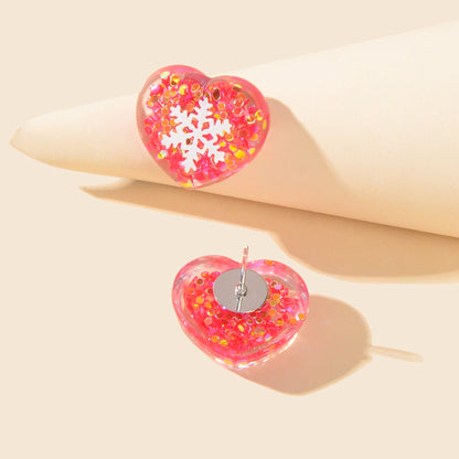 Women Dainty Gift Pink Love Sequins Resin Snowflake Stud Hypoallergenic Earrings-2
