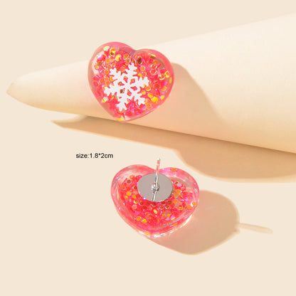 Women Dainty Gift Pink Love Sequins Resin Snowflake Stud Hypoallergenic Earrings-3