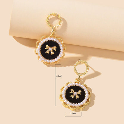 Retro Jewellery Pearl Decoration Bow Tie Black Round Gold Flower Dangle Earrings-3