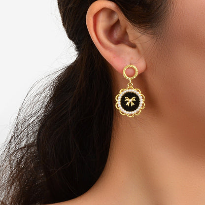Retro Jewellery Pearl Decoration Bow Tie Black Round Gold Flower Dangle Earrings-0