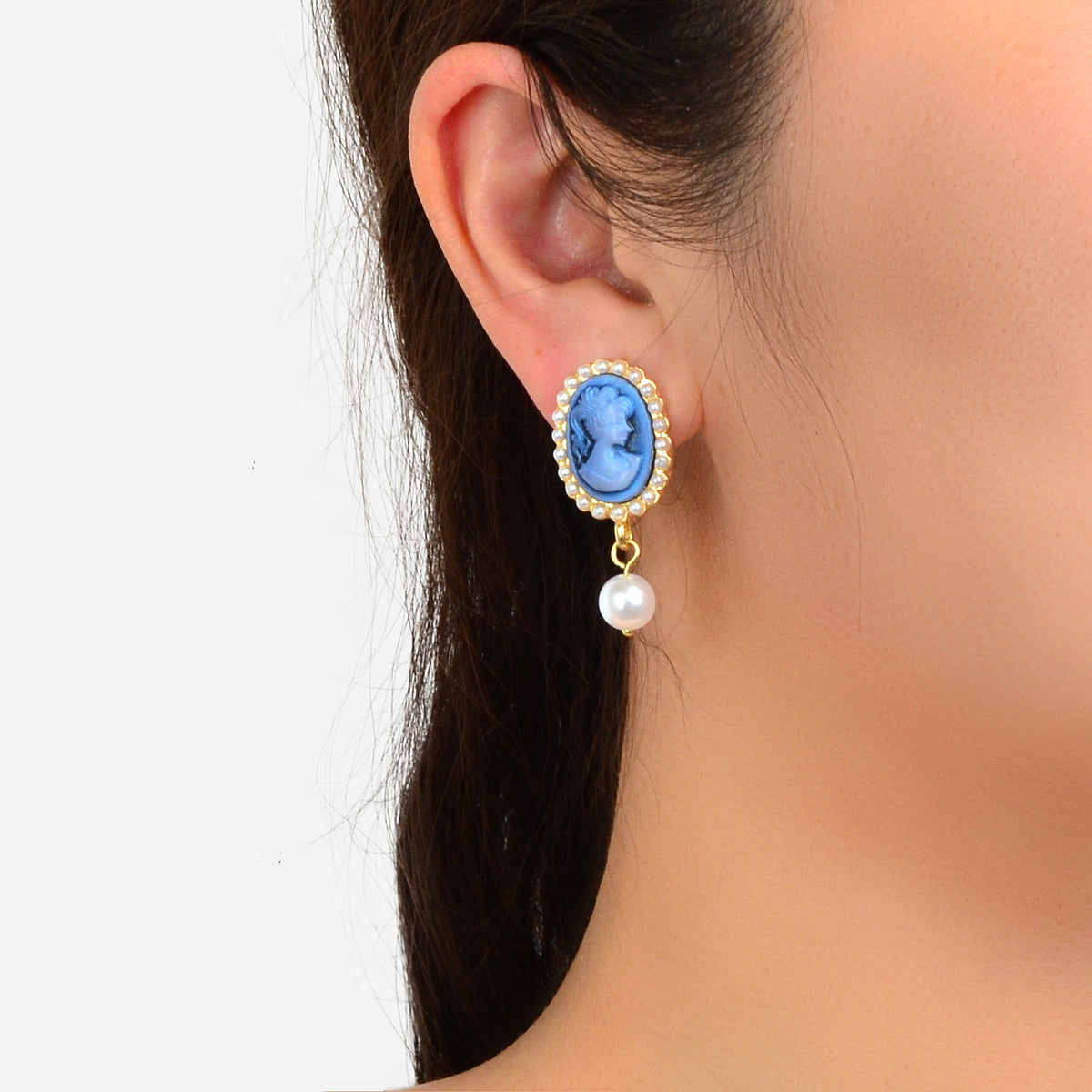 Textured Retro Accessories Court Pearl Blue Resin Relief Queen Dangle Earrings-0