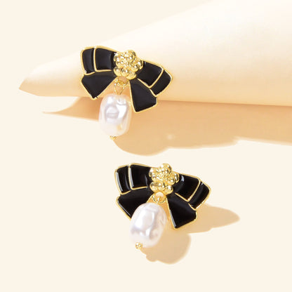 Retro Jewellery Pearl Charm White Black Enamel Bow Tie Hypoallergenic Earrings-2