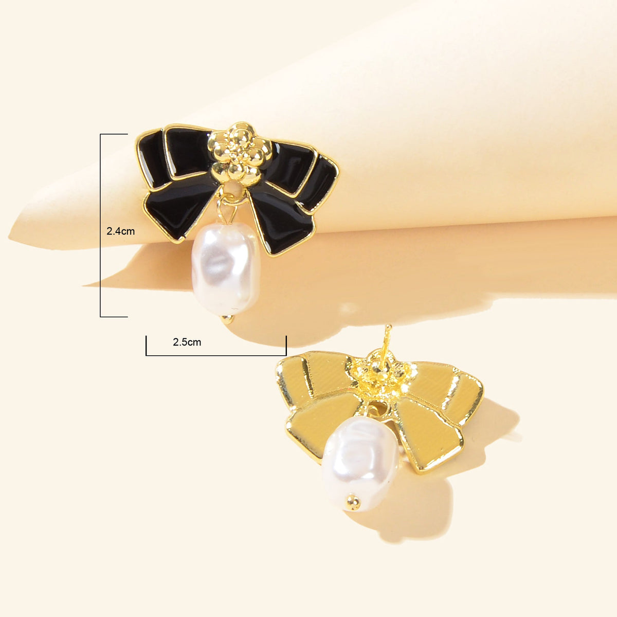 Retro Jewellery Pearl Charm White Black Enamel Bow Tie Hypoallergenic Earrings-4