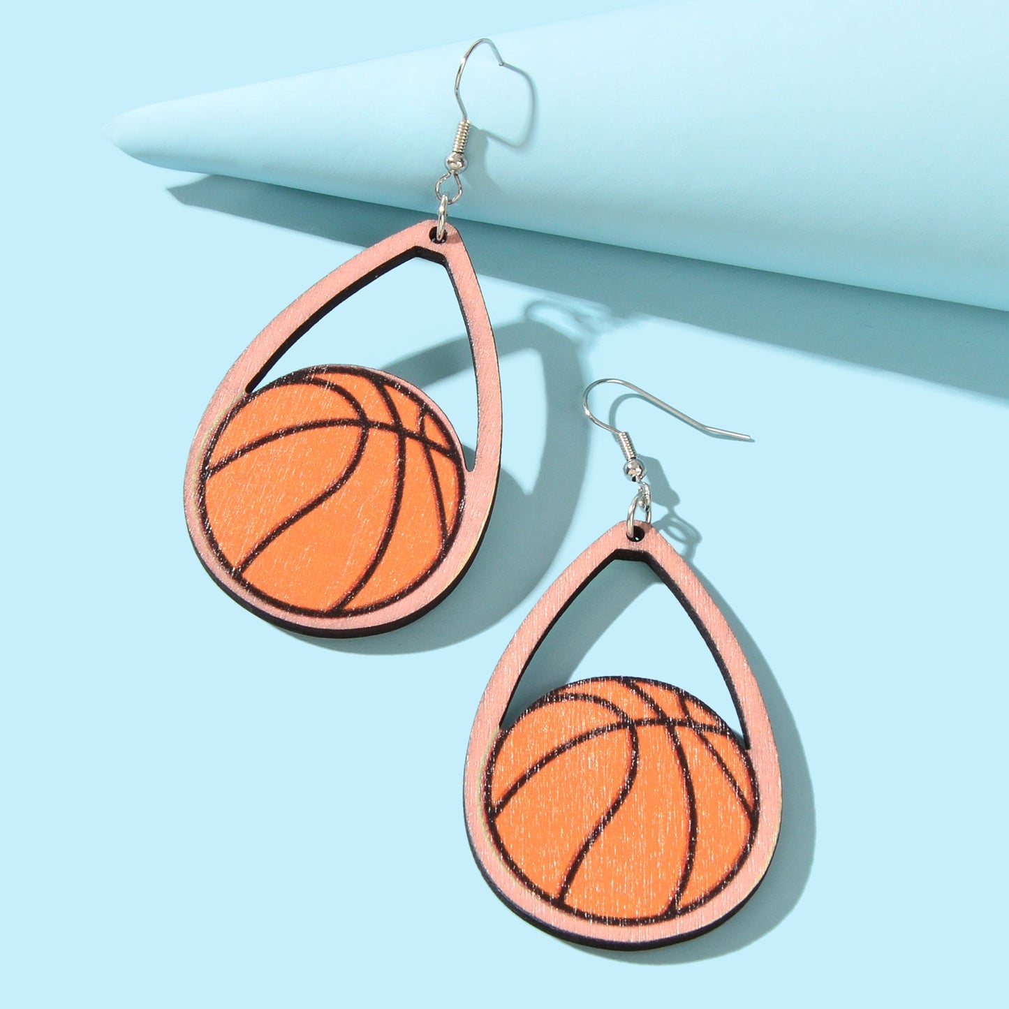 Sports Game Team Gift Wood Basketball Water Drop Dangling Lightweight Earrings-1
