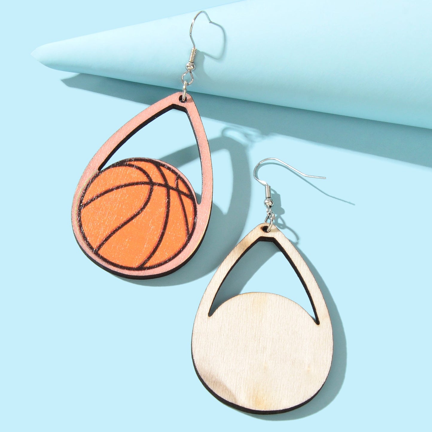 Sports Game Team Gift Wood Basketball Water Drop Dangling Lightweight Earrings-2