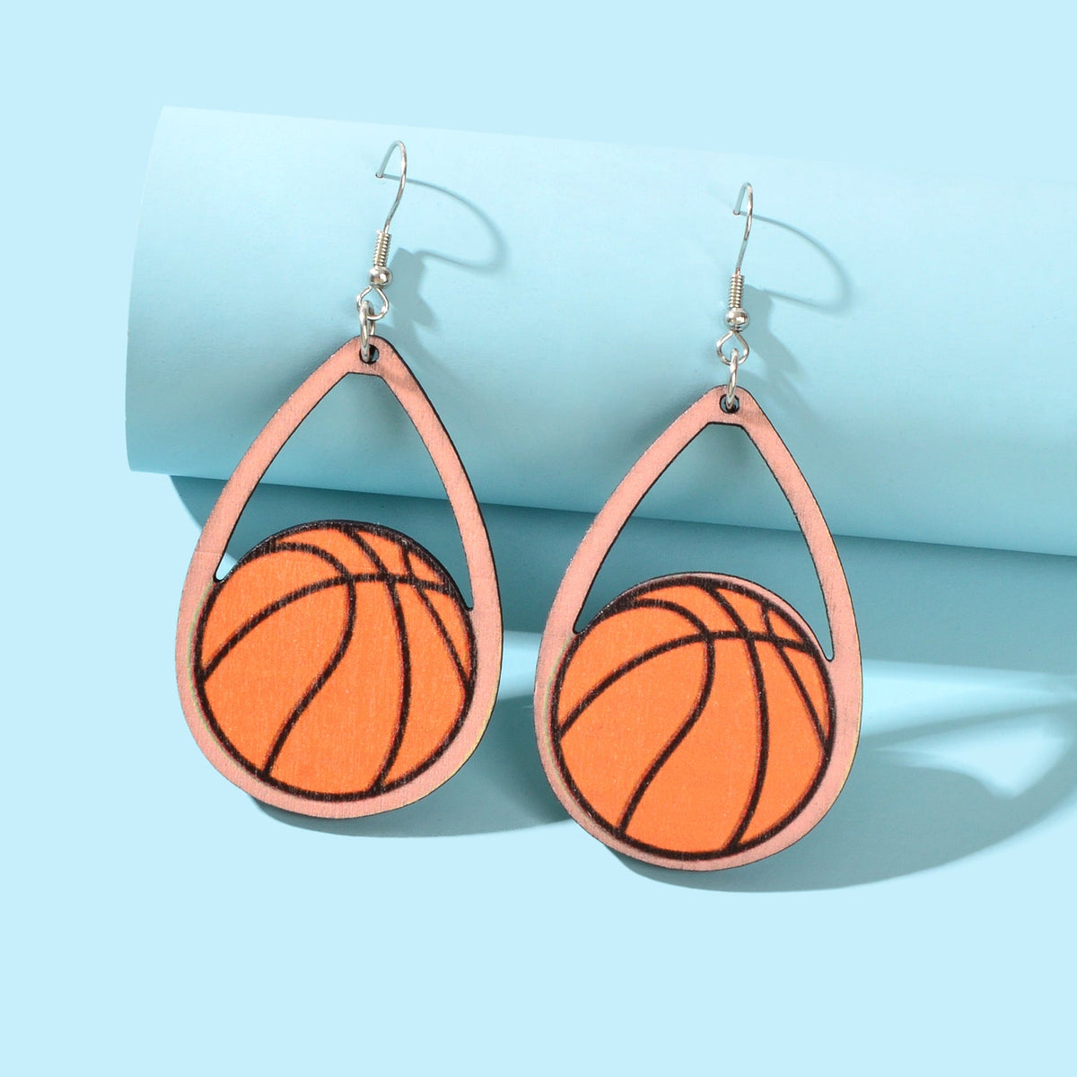 Sports Game Team Gift Wood Basketball Water Drop Dangling Lightweight Earrings-4