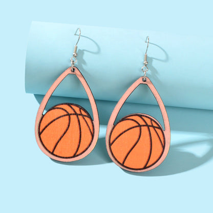 Sports Game Team Gift Wood Basketball Water Drop Dangling Lightweight Earrings-4
