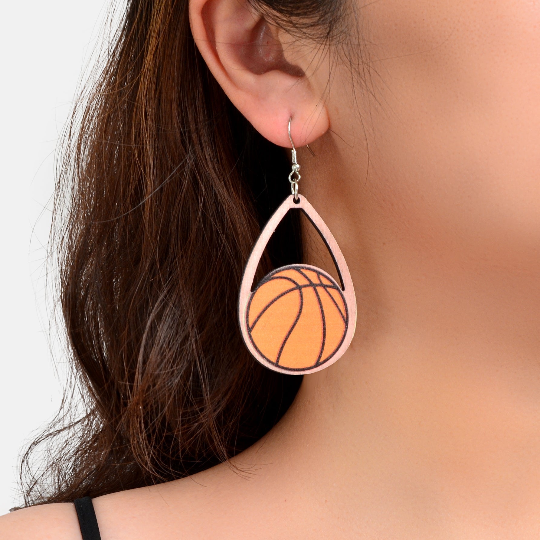 Sports Game Team Gift Wood Basketball Water Drop Dangling Lightweight Earrings-0