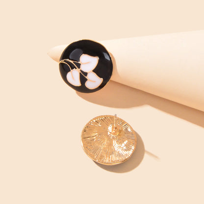 Retro Party Daily Jewelry Women White Leaf Black Round Enamel Stud Earrings-2