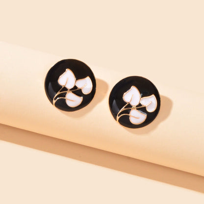 Retro Party Daily Jewelry Women White Leaf Black Round Enamel Stud Earrings-4