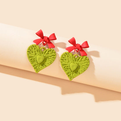 Fresh Sweet Red Bow Green Hollow Carved Heart Earrings Party Dating Jewelry Birthday Gift-1