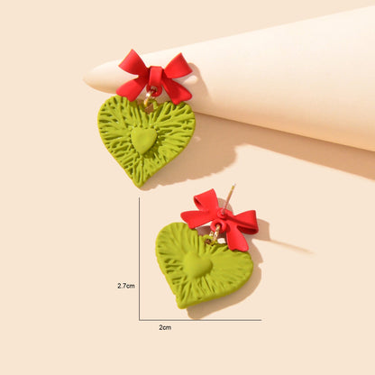 Fresh Sweet Red Bow Green Hollow Carved Heart Earrings Party Dating Jewelry Birthday Gift-4