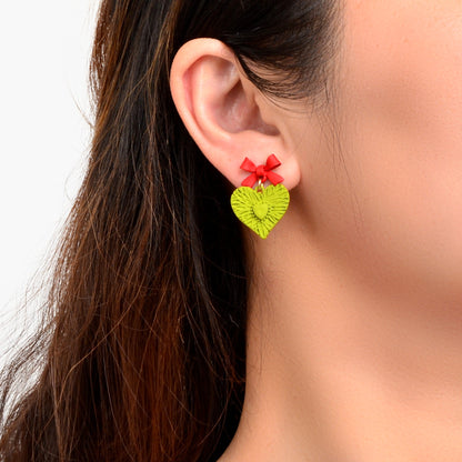 Fresh Sweet Red Bow Green Hollow Carved Heart Earrings Party Dating Jewelry Birthday Gift-0