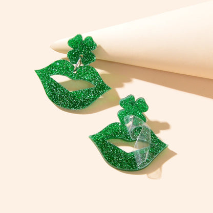 Shining Green Acrylic Lip Clover Pendant Stud Women Earrings Personality Jewelry-3