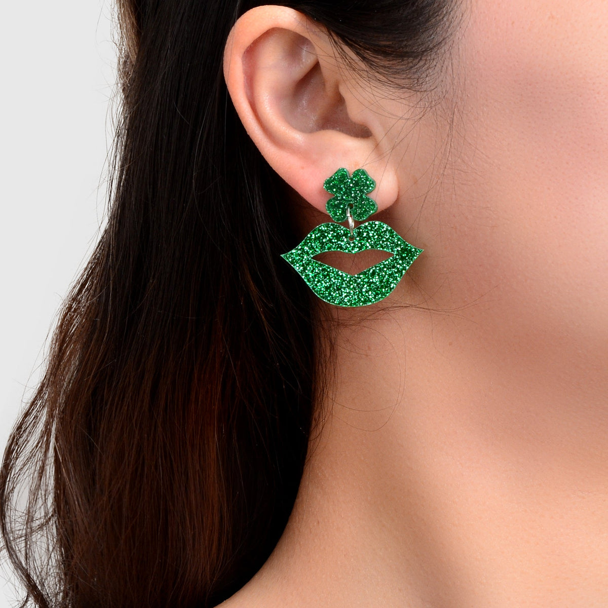 Shining Green Acrylic Lip Clover Pendant Stud Women Earrings Personality Jewelry-0