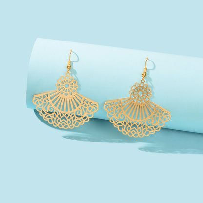 Vintage Royal Golden Hollow Flower Fan Shape Dangle Drop Earrings Elegant Weddings Party Vacation Jewelry-1