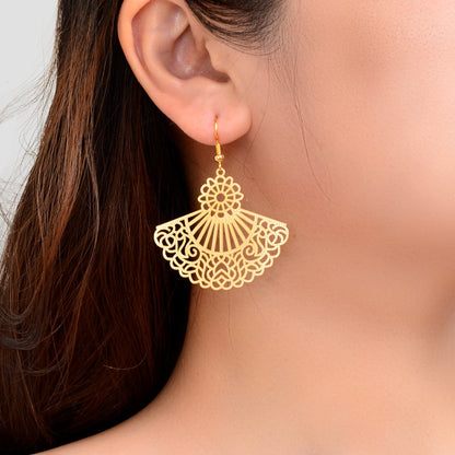 Vintage Royal Golden Hollow Flower Fan Shape Dangle Drop Earrings Elegant Weddings Party Vacation Jewelry-0