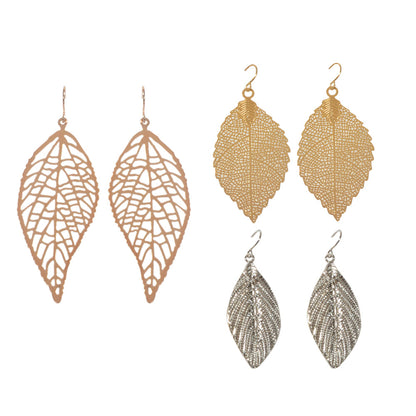 3 pairs AU Local Gold Silver Rosegold Hollow Mesh Leaf Dangle Drop Earrings set-4
