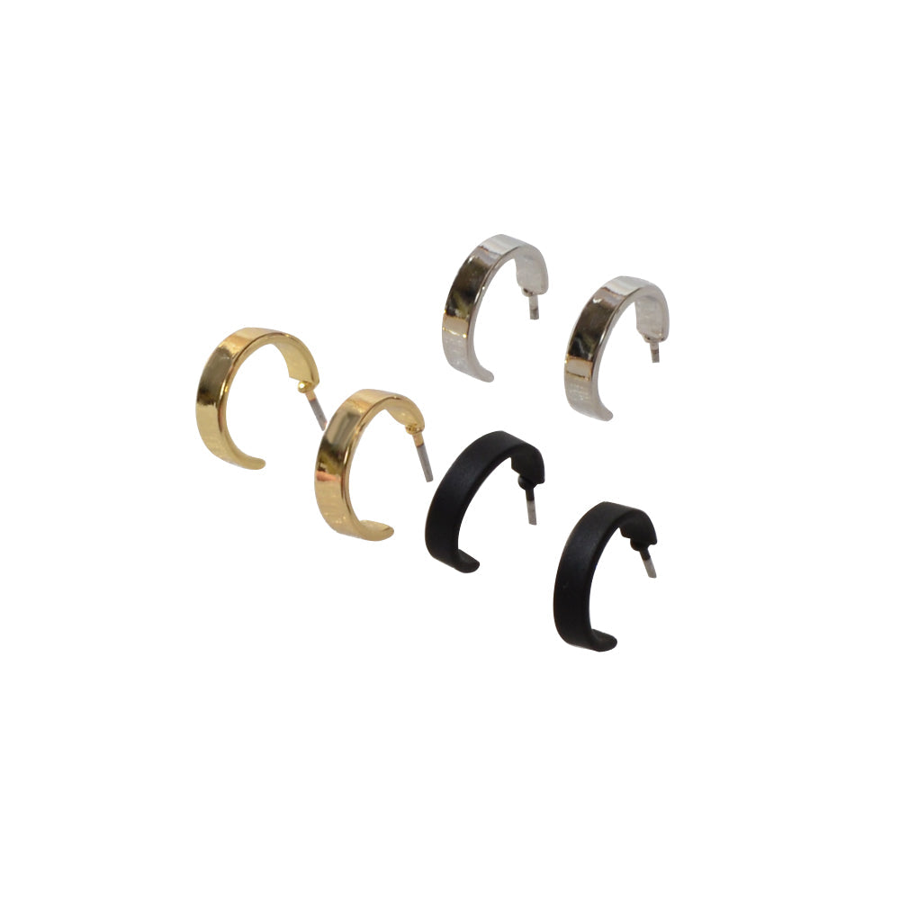 3 pairs Gold Silver Black Cute Hoop Stud Earrings Set Punk C-Shape Jewellery-0