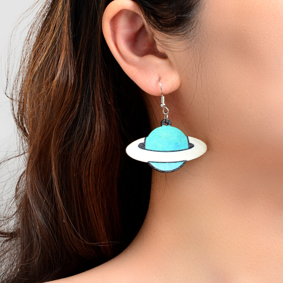 Personality Creative Jewelry Space Blue Planet Wood Dangle Earrings for Women-0