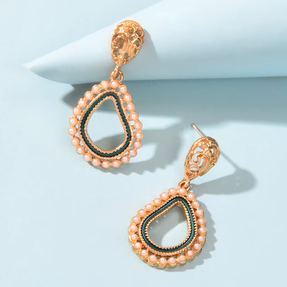 Trendy Daily Jewellery Pearl Decoration Gold Hollow Geometric Dangle Earrings-2