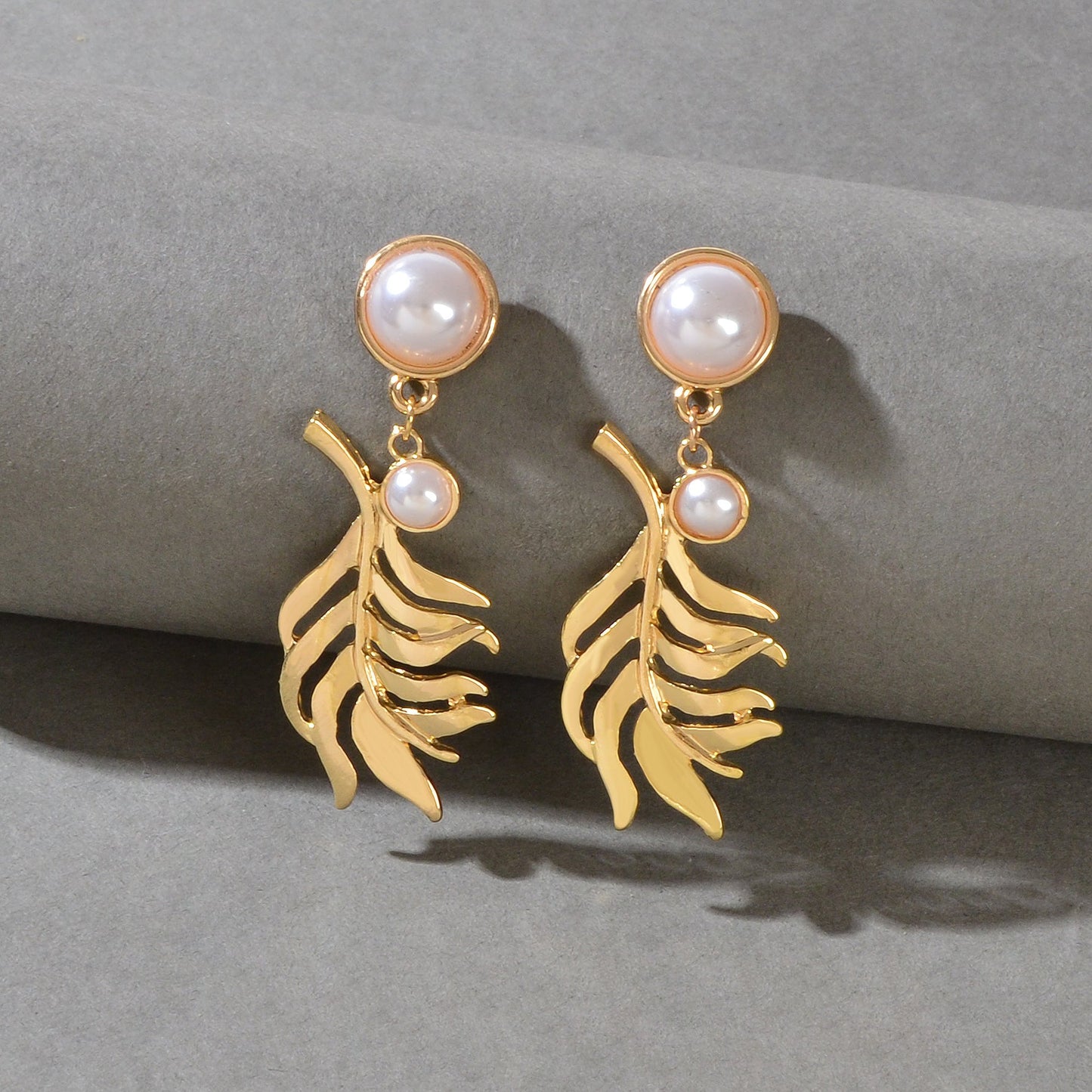 Fashion Party Daily Jewelry Imitation Pearl Decor Golden Leaf Design Metal Dangle Earrings-1