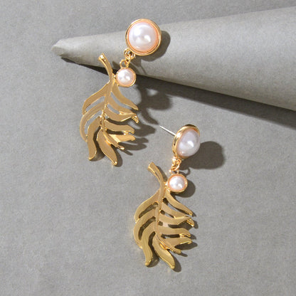Fashion Party Daily Jewelry Imitation Pearl Decor Golden Leaf Design Metal Dangle Earrings-2