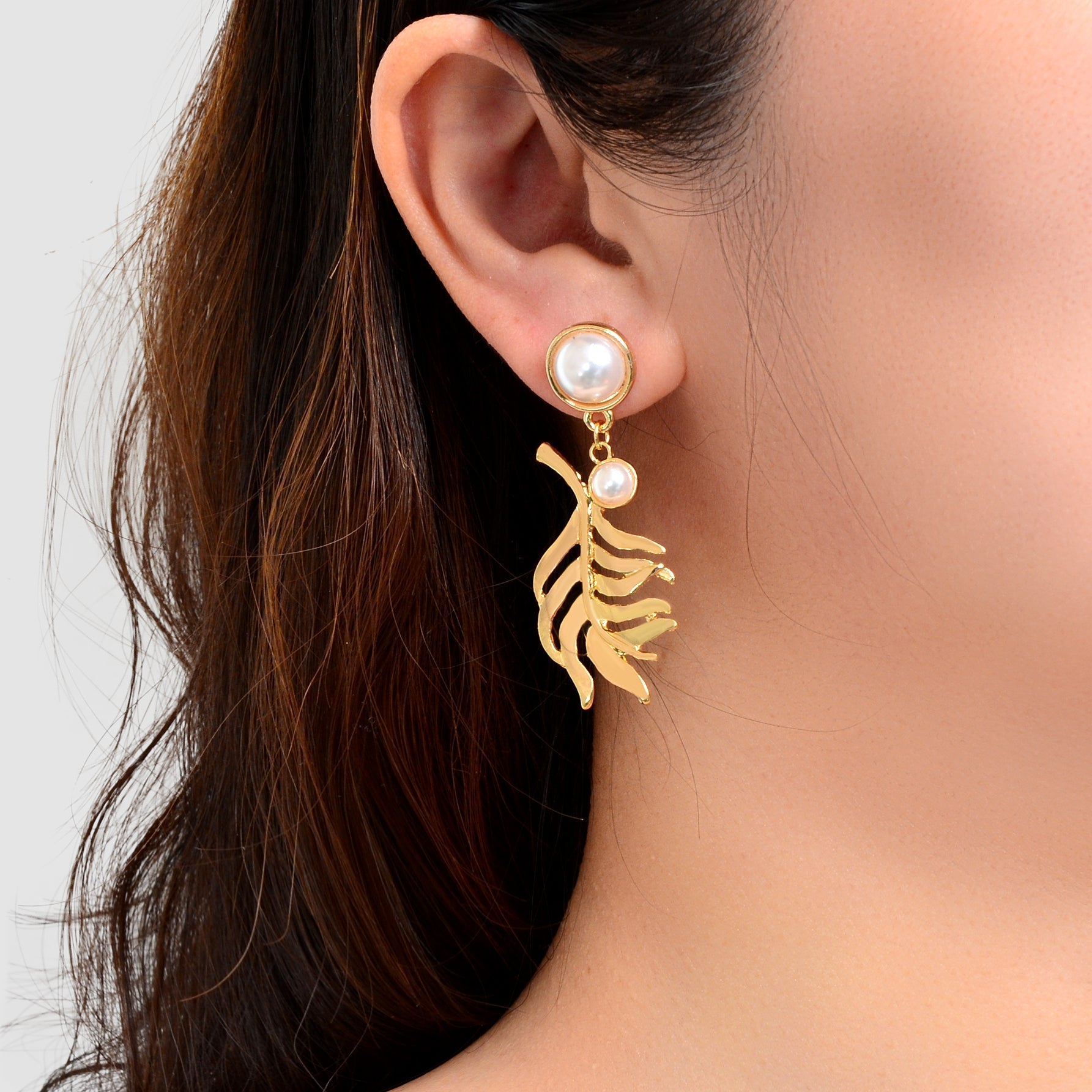 Fashion Party Daily Jewelry Imitation Pearl Decor Golden Leaf Design Metal Dangle Earrings-0