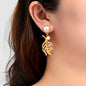 Fashion Party Daily Jewelry Imitation Pearl Decor Golden Leaf Design Metal Dangle Earrings-0