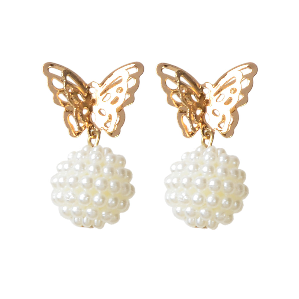 Faux Pearl Ball Gold Tone Butterfly Stud Earrings Women Teens Textured Jewellery-0
